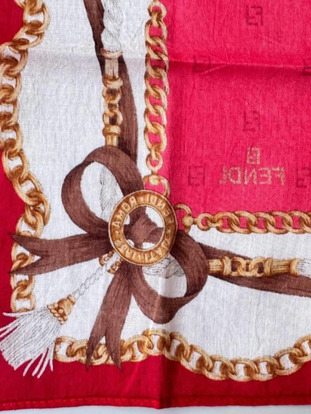 Vintage Fendi Scarf Handkerchief Neckerchief Pocket Square Chain Bow Red 17x17